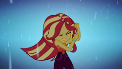 Size: 1920x1080 | Tagged: safe, screencap, character:sunset shimmer, episode:let it rain, g4, my little pony:equestria girls, cute, eyes closed, geode of empathy, magical geodes, shimmerbetes, solo