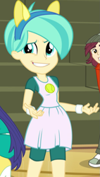 Size: 461x813 | Tagged: safe, screencap, character:blueberry cake, character:normal norman, equestria girls:friendship games, g4, my little pony:equestria girls, bleachers, blueberry cake, canterlot high, clothing, compression shorts, cropped, dress, female, male, offscreen character, shorts, skirt, smiling, solo focus, tennis match, wondercolt ears, wristband