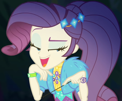 Size: 1064x883 | Tagged: safe, screencap, character:rarity, equestria girls:sunset's backstage pass, g4, my little pony:equestria girls, clothing, coat, cropped, cute, dress, female, forest background, fur, fur coat, geode of shielding, jewelry, lidded eyes, magical geodes, night, outdoors, ponytail, raised eyebrow, raribetes, sassy, short sleeves, sitting, smiling, stick, wristband