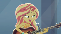 Size: 1920x1080 | Tagged: safe, screencap, character:sunset shimmer, episode:let it rain, g4, my little pony:equestria girls, acoustic guitar, beautiful, cute, female, guitar, microphone, microphone stand, musical instrument, shimmerbetes, singing, sleeveless, solo