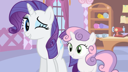 Size: 1920x1080 | Tagged: safe, screencap, character:rarity, character:sweetie belle, species:pony, species:unicorn, episode:stare master, g4, my little pony: friendship is magic, happy, one eye closed, sewing machine, slowpoke, wink