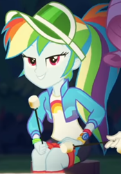 Size: 414x590 | Tagged: safe, screencap, character:rainbow dash, character:rarity, equestria girls:sunset's backstage pass, g4, my little pony:equestria girls, cap, clothing, cropped, cute, dashabetes, female, food, forest background, geode of super speed, hat, jacket, lidded eyes, looking at you, magical geodes, marshmallow, night, outdoors, rainbow, shirt, shorts, smiling, socks, stick, t-shirt, wristband