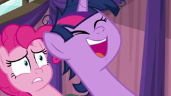 Size: 1920x1080 | Tagged: safe, screencap, character:pinkie pie, character:twilight sparkle, character:twilight sparkle (alicorn), species:alicorn, species:pony, episode:a trivial pursuit, g4, my little pony: friendship is magic, messy mane, twilight snapple