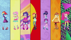 Size: 1280x720 | Tagged: safe, screencap, character:applejack, character:fluttershy, character:pinkie pie, character:rainbow dash, character:rarity, character:sunset shimmer, character:twilight sparkle, episode:friendship through the ages, equestria girls:rainbow rocks, g4, my little pony:equestria girls, ancient wonderbolts uniform, country applejack, folk fluttershy, humane five, humane seven, humane six, new wave pinkie, rainbow punk, sgt. rarity, the rainbooms