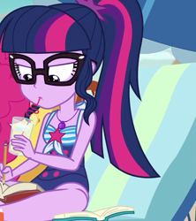 Size: 960x1080 | Tagged: safe, screencap, character:pinkie pie, character:twilight sparkle, character:twilight sparkle (scitwi), species:eqg human, derpibooru, episode:friendship math, g4, my little pony:equestria girls, book, clothing, cropped, female, geode of telekinesis, juice, juxtaposition, lemonade, magical geodes, meta, ponytail, swimsuit