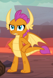 Size: 534x779 | Tagged: safe, screencap, character:smolder, species:dragon, episode:sweet and smoky, g4, my little pony: friendship is magic, angry, cropped, displeased, dragon lands, dragoness, fangs, female, frown, hands on hip, horns, lava, slit eyes, smolder is not amused, solo, spread wings, teenaged dragon, teenager, toes, unamused, wings