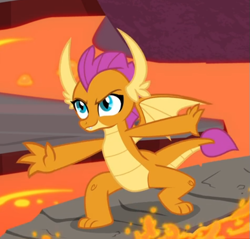 Size: 617x589 | Tagged: safe, screencap, character:smolder, species:dragon, episode:sweet and smoky, g4, my little pony: friendship is magic, confident, cropped, determined, dragon lands, dragoness, fangs, female, lava, lava surfing, smiling, smirk, solo, spread wings, surfing, teenaged dragon, teenager, toes, wings