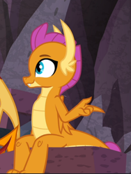 Size: 634x841 | Tagged: safe, screencap, character:garble, character:smolder, species:dragon, episode:sweet and smoky, g4, my little pony: friendship is magic, claws, cropped, cute, dragoness, female, finger snap, folded wings, horns, looking up, side view, sitting, slit eyes, smiling, smolderbetes, solo focus, teenaged dragon, teenager, wings