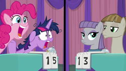 Size: 1920x1080 | Tagged: safe, screencap, character:maud pie, character:mudbriar, character:pinkie pie, character:twilight sparkle, character:twilight sparkle (alicorn), species:alicorn, species:pony, episode:a trivial pursuit, g4, my little pony: friendship is magic, bell, floppy ears, messy mane, twilight snapple