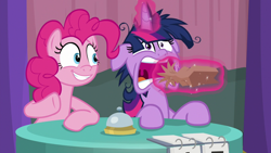 Size: 1920x1080 | Tagged: safe, screencap, character:pinkie pie, character:twilight sparkle, character:twilight sparkle (alicorn), species:alicorn, species:pony, episode:a trivial pursuit, g4, my little pony: friendship is magic, bell, floppy ears, inhaling, messy mane, paper bag, table