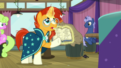 Size: 1920x1080 | Tagged: safe, screencap, character:cranky doodle donkey, character:daisy, character:midnight snack, character:sunburst, episode:a trivial pursuit, g4, my little pony: friendship is magic, book, friendship student
