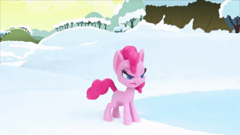 Size: 800x450 | Tagged: safe, screencap, character:pinkie pie, species:earth pony, species:pony, g4.5, my little pony: stop motion short, my little pony:pony life, animated, annoyed, cake, determined, food, gif, ice, ice and slice, outdoors, sliding, snow, solo, stop motion, tree