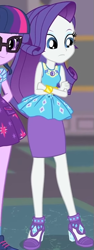 Size: 293x782 | Tagged: safe, screencap, character:rarity, character:twilight sparkle, episode:school of rock, g4, my little pony:equestria girls, clothing, cropped, crossed arms, cute, dress, female, field trip, geode of shielding, high heels, jewelry, looking down, magical geodes, museum, raribetes, shoes, skirt, sleeveless, waistband, wrist cuffs