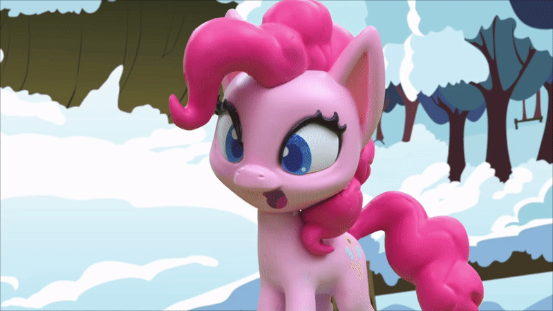 Size: 800x450 | Tagged: safe, screencap, character:pinkie pie, species:earth pony, species:pony, g4.5, my little pony: stop motion short, my little pony:pony life, animated, cute, diapinkes, gif, happy, hooves together, ice and slice, outdoors, snow, solo, stop motion, tree