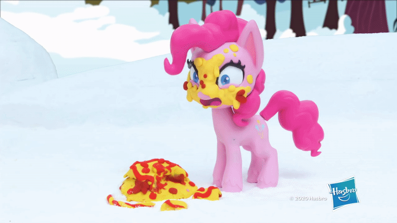 Size: 800x450 | Tagged: safe, screencap, character:pinkie pie, species:earth pony, species:pegasus, species:pony, g4.5, my little pony: stop motion short, my little pony:pony life, animated, cake, dropped, flying, food, food on face, ice, ice and slice, oops, smiling, snow, stop motion, tree, wings