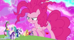 Size: 496x272 | Tagged: safe, screencap, character:applejack, character:discord, character:fluttershy, character:pinkie pie, character:princess celestia, character:princess luna, character:rainbow dash, character:rarity, character:spike, character:starlight glimmer, character:twilight sparkle, character:twilight sparkle (alicorn), species:alicorn, species:draconequus, species:earth pony, species:pegasus, species:pony, species:unicorn, episode:the ending of the end, g4, my little pony: friendship is magic, bell, chaos pinkie, giant pinkie pie, giant pony, grogar's bell, macro, mane seven, mane six