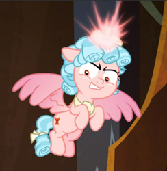 Size: 612x626 | Tagged: safe, screencap, character:cozy glow, species:alicorn, species:pony, episode:the ending of the end, g4, my little pony: friendship is magic, alicornified, cozycorn, cropped, evil grin, flying, glowing horn, grin, horn, race swap, smiling, solo, spread wings, wings