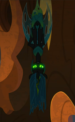Size: 581x937 | Tagged: safe, screencap, character:queen chrysalis, species:changeling, episode:the ending of the end, g4, my little pony: friendship is magic, cropped, dark, glowing eyes, hanging, hanging upside down, solo, ultimate chrysalis