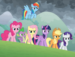 Size: 1228x938 | Tagged: safe, screencap, character:applejack, character:fluttershy, character:pinkie pie, character:rainbow dash, character:rarity, character:spike, character:twilight sparkle, character:twilight sparkle (alicorn), species:alicorn, species:dragon, species:pony, episode:the ending of the end, g4, my little pony: friendship is magic, cropped, determined, flying, group, mane seven, mane six, smiling, winged spike