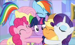 Size: 1584x941 | Tagged: safe, screencap, character:applejack, character:fluttershy, character:pinkie pie, character:rainbow dash, character:rarity, character:spike, character:twilight sparkle, character:twilight sparkle (alicorn), species:alicorn, species:dragon, species:pony, episode:the ending of the end, g4, my little pony: friendship is magic, cropped, cute, eyes closed, group, group hug, hug, mane seven, mane six, smiling, winged spike