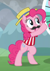 Size: 372x523 | Tagged: safe, screencap, character:pinkie pie, episode:the ending of the end, g4, my little pony: friendship is magic, bipedal, clothing, cropped, fake moustache, hat, solo