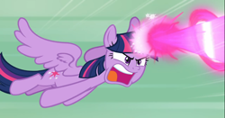 Size: 1668x874 | Tagged: safe, screencap, character:twilight sparkle, character:twilight sparkle (alicorn), species:alicorn, species:pony, episode:the ending of the end, g4, my little pony: friendship is magic, blast, cropped, flying, magic, magic blast, open mouth, solo, spread wings, wings