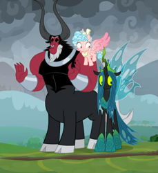 Size: 855x935 | Tagged: safe, screencap, character:cozy glow, character:lord tirek, character:queen chrysalis, species:alicorn, species:centaur, species:changeling, species:pony, episode:the ending of the end, g4, my little pony: friendship is magic, alicornified, armor, bow, changeling queen, cloven hooves, colored hooves, cozycorn, cropped, female, filly, flying, hair bow, legion of doom, male, nose piercing, nose ring, piercing, race swap, reaction image, scared, shocked, trio, ultimate chrysalis
