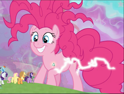 Size: 1244x943 | Tagged: safe, screencap, character:applejack, character:fluttershy, character:pinkie pie, character:rainbow dash, character:rarity, character:spike, character:twilight sparkle, character:twilight sparkle (alicorn), species:alicorn, species:dragon, species:pony, episode:the ending of the end, g4, my little pony: friendship is magic, bell, chaos pinkie, cropped, faec, grogar's bell, lightning, mane seven, mane six, smiling, solo focus, winged spike