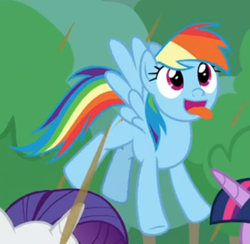 Size: 419x409 | Tagged: safe, screencap, character:rainbow dash, episode:the ending of the end, g4, my little pony: friendship is magic, chocolate, chocolate rain, cropped, cute, dashabetes, flying, food, offscreen character, rain, solo focus, tongue out