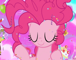 Size: 1190x936 | Tagged: safe, screencap, character:discord, character:pinkie pie, species:pony, episode:the ending of the end, g4, my little pony: friendship is magic, bell, chaos pinkie, cropped, eyes closed, giant pony, grogar's bell, macro, smiling, solo focus