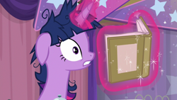 Size: 1920x1080 | Tagged: safe, screencap, character:twilight sparkle, character:twilight sparkle (alicorn), species:alicorn, species:pony, episode:a trivial pursuit, g4, my little pony: friendship is magic, bell, book, floppy ears, messy mane, solo