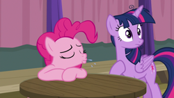 Size: 1920x1080 | Tagged: safe, screencap, character:pinkie pie, character:twilight sparkle, character:twilight sparkle (alicorn), species:alicorn, species:pony, episode:a trivial pursuit, g4, my little pony: friendship is magic, messy mane, spit