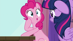 Size: 1920x1080 | Tagged: safe, screencap, character:pinkie pie, character:twilight sparkle, character:twilight sparkle (alicorn), species:alicorn, species:pony, episode:a trivial pursuit, g4, my little pony: friendship is magic, floppy ears, messy mane