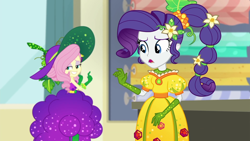 Size: 1920x1080 | Tagged: safe, screencap, character:fluttershy, character:rarity, equestria girls:holidays unwrapped, g4, my little pony:equestria girls, bare shoulders, canterlot high, clothing, cornucopia costumes, dress, duo, duo female, female, gloves, hat, o come all ye squashful, sleeveless, smiling