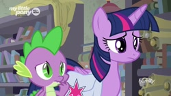 Size: 1920x1080 | Tagged: safe, screencap, character:spike, character:twilight sparkle, character:twilight sparkle (alicorn), species:alicorn, species:dragon, species:pony, episode:the point of no return, g4, my little pony: friendship is magic, bag, book, bookshelf, saddle bag, scroll, winged spike