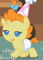 Size: 231x323 | Tagged: safe, screencap, character:pumpkin cake, species:pony, episode:baby cakes, g4, my little pony: friendship is magic, baby, baby pony, clothing, cropped, cute, diaper, diapered, diapered filly, female, filly, happy, happy baby, hat, lidded eyes, one month old filly, party hat, sugarcube corner, white diaper