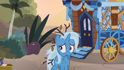 Size: 1920x1080 | Tagged: safe, screencap, character:trixie, species:pony, species:unicorn, episode:on the road to friendship, female, mare, messy mane, scratches, trixie's wagon, twig, wagon