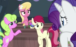 Size: 1280x800 | Tagged: safe, screencap, character:daisy, character:lily, character:lily valley, character:rarity, character:roseluck, species:earth pony, species:pony, species:unicorn, episode:it isn't the mane thing about you, g4, my little pony: friendship is magic, female, flower, flower in hair, flower trio, lidded eyes, mare, rose, smiling