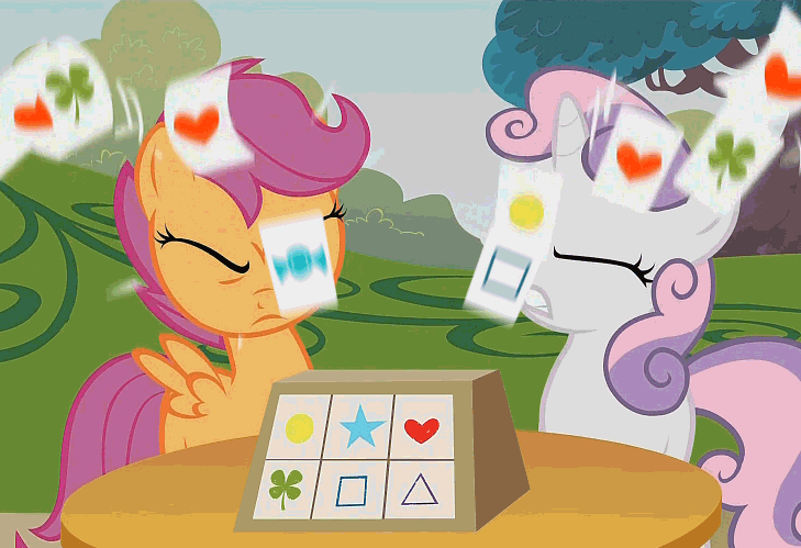 Size: 729x499 | Tagged: safe, screencap, character:scootaloo, character:sweetie belle, species:pegasus, species:pony, species:unicorn, episode:the show stoppers, g4, my little pony: friendship is magic, animated, circle, clover, female, filly, gif, heart, square, stars, table, tree, triangle, zener cards