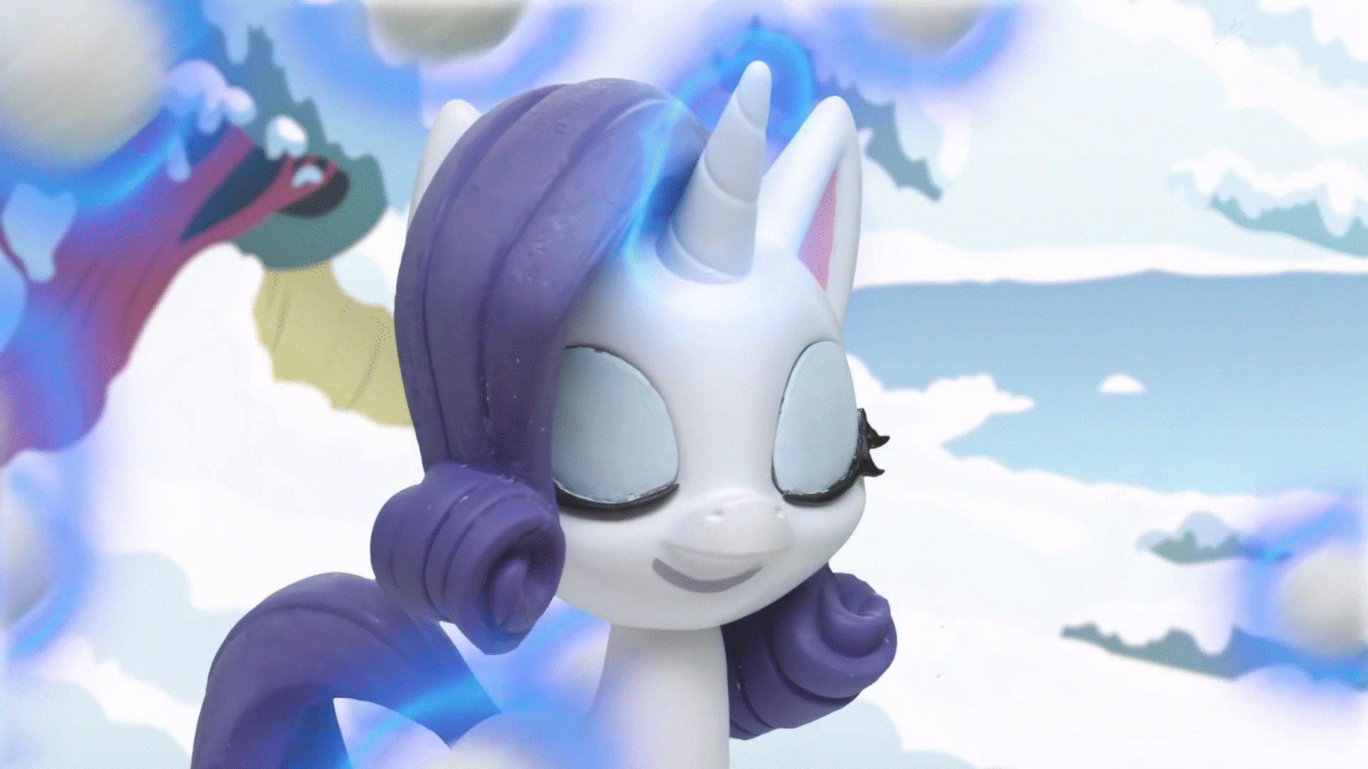 Size: 1920x1080 | Tagged: safe, screencap, character:rarity, species:pony, species:unicorn, g4.5, my little pony: stop motion short, my little pony:pony life, animated, eyes closed, gif, looped, magic, outdoors, perfect loop, snow, snow pony contest (short), snowball, solo, stop motion, telekinesis, unicorn master race