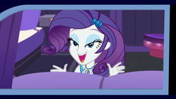 Size: 1920x1080 | Tagged: safe, screencap, character:rarity, episode:driving miss shimmer, g4, my little pony:equestria girls, cute, driving miss shimmer: rarity, female, geode of shielding, lidded eyes, limousine, magical geodes, open mouth, raribetes, smiling, solo