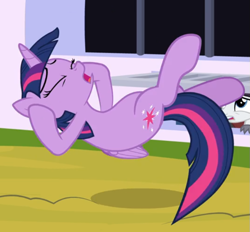 Size: 695x646 | Tagged: safe, screencap, character:twilight sparkle, character:twilight sparkle (alicorn), species:alicorn, species:pony, episode:sparkle's seven, g4, my little pony: friendship is magic, cropped, eyes closed, midair, offscreen character, open mouth, solo