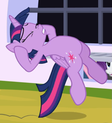 Size: 613x676 | Tagged: safe, screencap, character:rarity, character:twilight sparkle, character:twilight sparkle (alicorn), species:alicorn, species:pony, episode:sparkle's seven, g4, my little pony: friendship is magic, cropped, eyes closed, midair, offscreen character