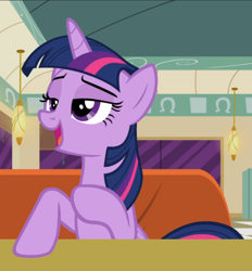 Size: 810x874 | Tagged: safe, screencap, character:twilight sparkle, character:twilight sparkle (alicorn), species:alicorn, species:pony, episode:the saddle row review, g4, my little pony: friendship is magic, cropped, diner, lidded eyes, open mouth, sitting, smiling, solo