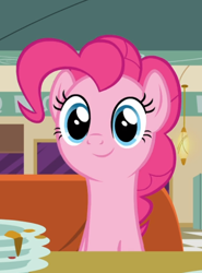 Size: 594x801 | Tagged: safe, screencap, character:pinkie pie, species:earth pony, species:pony, episode:the saddle row review, g4, my little pony: friendship is magic, cropped, cute, diapinkes, diner, plate, sitting, smiling, solo