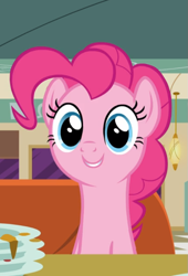 Size: 565x832 | Tagged: safe, screencap, character:pinkie pie, episode:the saddle row review, g4, my little pony: friendship is magic, cropped, cute, diapinkes, diner, looking at you, plate, smiling, solo