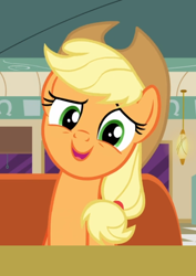 Size: 612x866 | Tagged: safe, screencap, character:applejack, episode:the saddle row review, g4, my little pony: friendship is magic, cropped, diner, looking at you, open mouth, solo