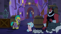 Size: 1920x1080 | Tagged: safe, screencap, character:cozy glow, character:lord tirek, character:queen chrysalis, character:vanguard cover, species:centaur, species:pegasus, species:pony, episode:the summer sun setback, g4, my little pony: friendship is magic, armor, barrel, chess, chess piece, chessboard, cloven hooves, disguise, disguised changeling, female, filly, foal, helmet, hoof shoes, male, mare, narrowed eyes, night, royal guard, royal guard armor, sitting, trio