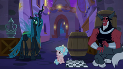 Size: 1920x1080 | Tagged: safe, screencap, character:cozy glow, character:lord tirek, character:queen chrysalis, species:centaur, species:changeling, species:pegasus, species:pony, episode:the summer sun setback, g4, my little pony: friendship is magic, barrel, bow, changeling queen, chess, chess piece, chessboard, cloven hooves, colored hooves, female, filly, foal, hair bow, male, night, nose piercing, nose ring, piercing, sitting, trio