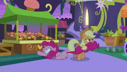 Size: 1920x1080 | Tagged: safe, screencap, character:applejack, character:pinkie pie, species:earth pony, species:pony, episode:the summer sun setback, g4, my little pony: friendship is magic, biting, cupcake, food, food cart, mouth hold, tail, tail bite, tail pull